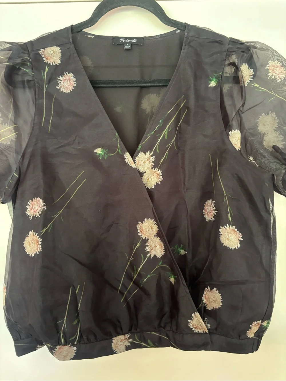 Madewell 100% Silk Organza Puff-Sleeve Floral Wrap Top Sheer Size M